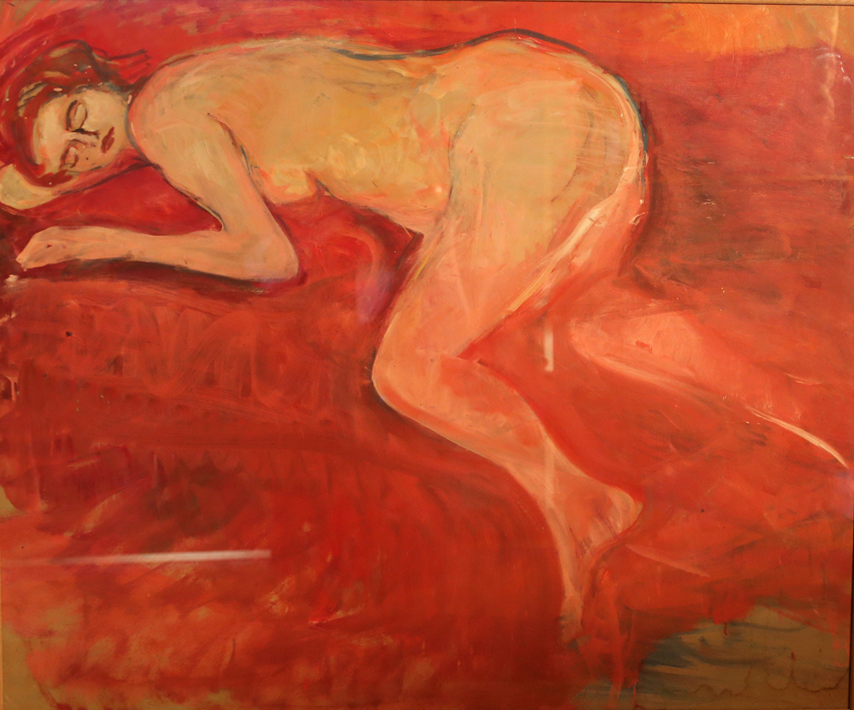 "Annie sur fond rouge", huile sur carton, 90 x 108 cm, 1961.
