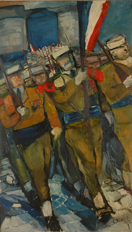 Colette Bonzo, "Entrée dans une ville prise"(1955), huile sur toile, 200 x 120 cm, 2018.