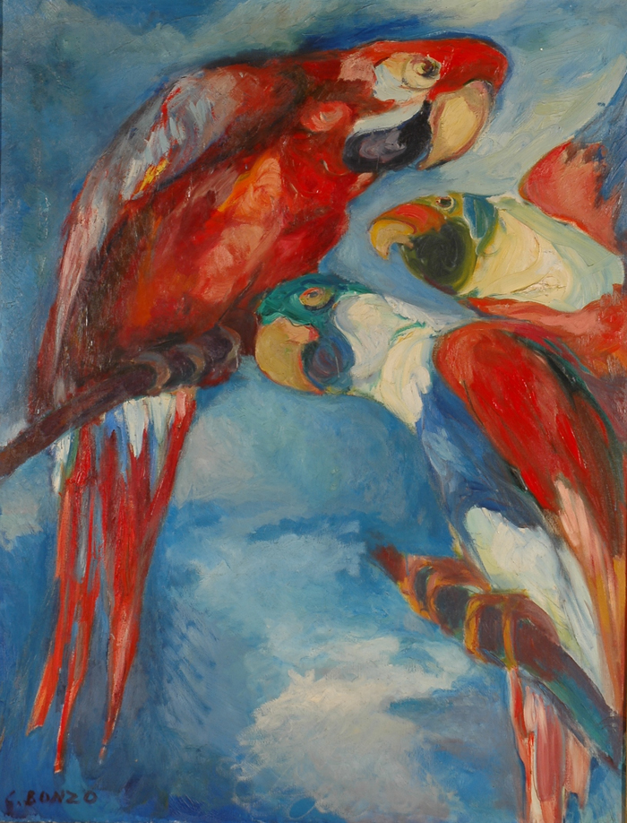 "Les grands aras", huile sur toile, 115 x 89 cm, 1962.